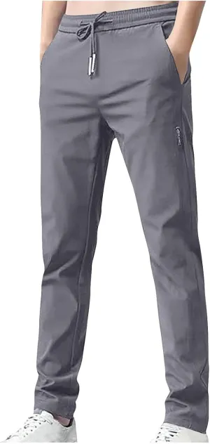 Aymnlox Mens Baggy Pants Straight Leg Slim Fit Lightweight Casual Pants Quick Dry Drawstring Stretch Trousers with Pockets