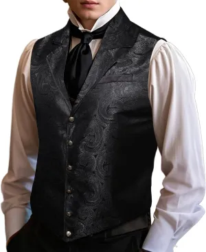 Barry.Wang Mens Victorian Suit Vest Lapel Collar Silk Paisley Steampunk Gothic Waistcoat Formal/Leisure Party