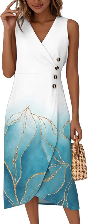 BAXLIMEK Beach Dresses for Women,2025 Summer Trendy Floral Print Boho Vacation Dress,Elegant V Neck Tank Slit Hem Midi Dress