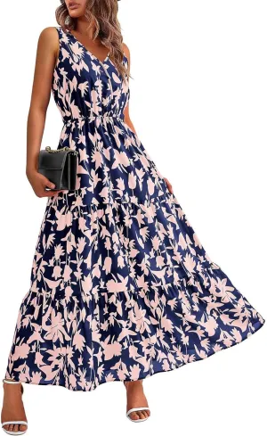 BAXLIMEK Maxi Dresses for Women,2025 Spring Summer Trendy Floral Print V Neck Sleeveless Boho Dress,Flowy Ruched Sundress