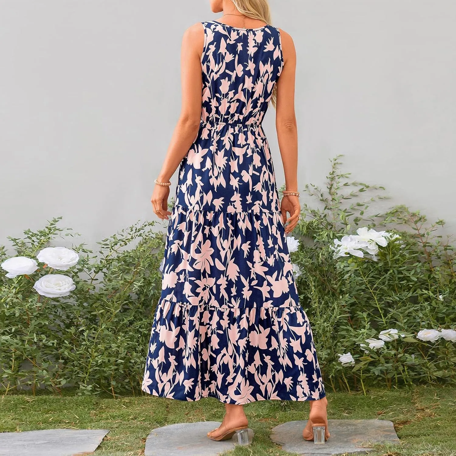 BAXLIMEK Maxi Dresses for Women,2025 Spring Summer Trendy Floral Print V Neck Sleeveless Boho Dress,Flowy Ruched Sundress