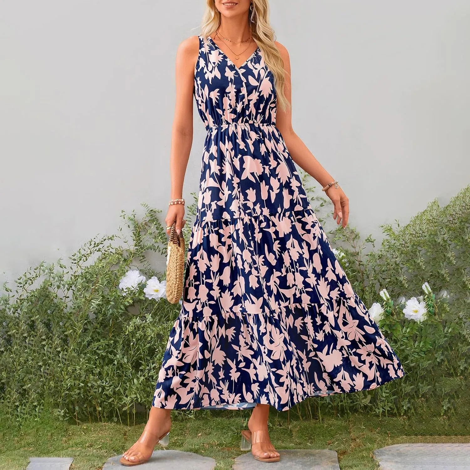 BAXLIMEK Maxi Dresses for Women,2025 Spring Summer Trendy Floral Print V Neck Sleeveless Boho Dress,Flowy Ruched Sundress