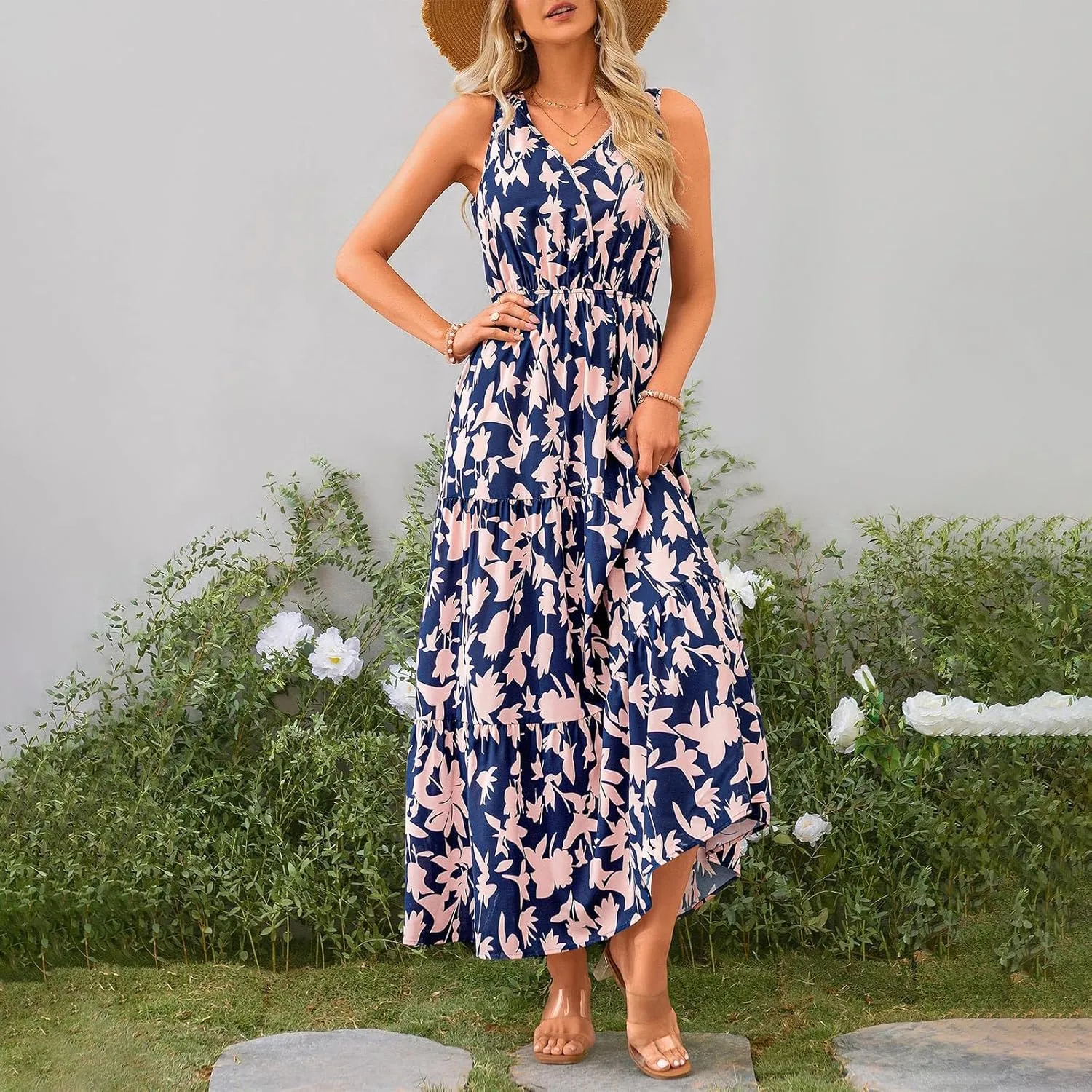 BAXLIMEK Maxi Dresses for Women,2025 Spring Summer Trendy Floral Print V Neck Sleeveless Boho Dress,Flowy Ruched Sundress