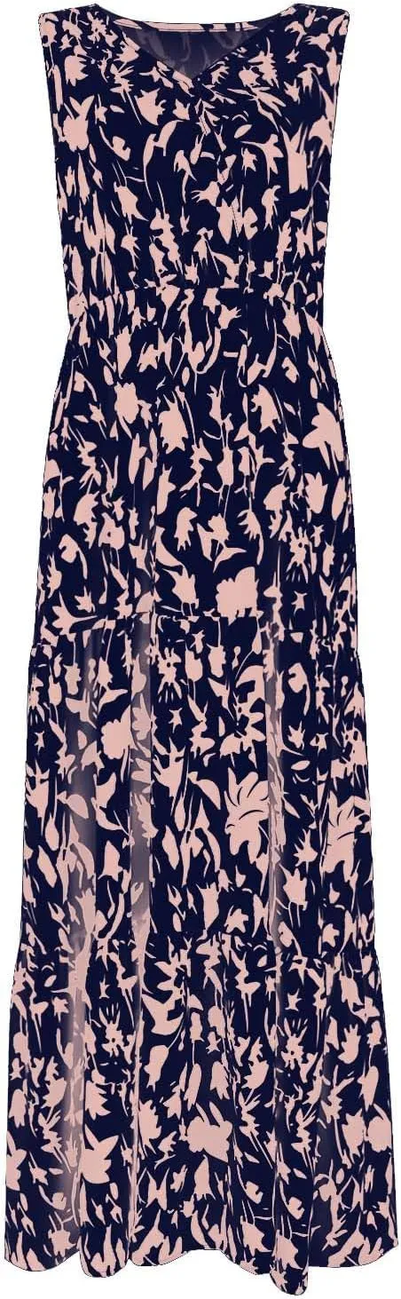 BAXLIMEK Maxi Dresses for Women,2025 Spring Summer Trendy Floral Print V Neck Sleeveless Boho Dress,Flowy Ruched Sundress