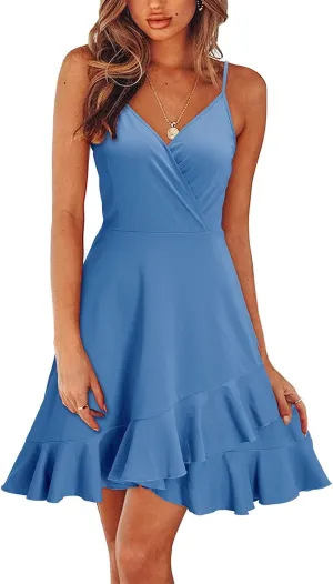BAXLIMEK Party Dresses for Women,2025 Spring Summer Elegant V Neck Spaghetti Strap Sundress Flowy Ruched Ruffle Mini Dress