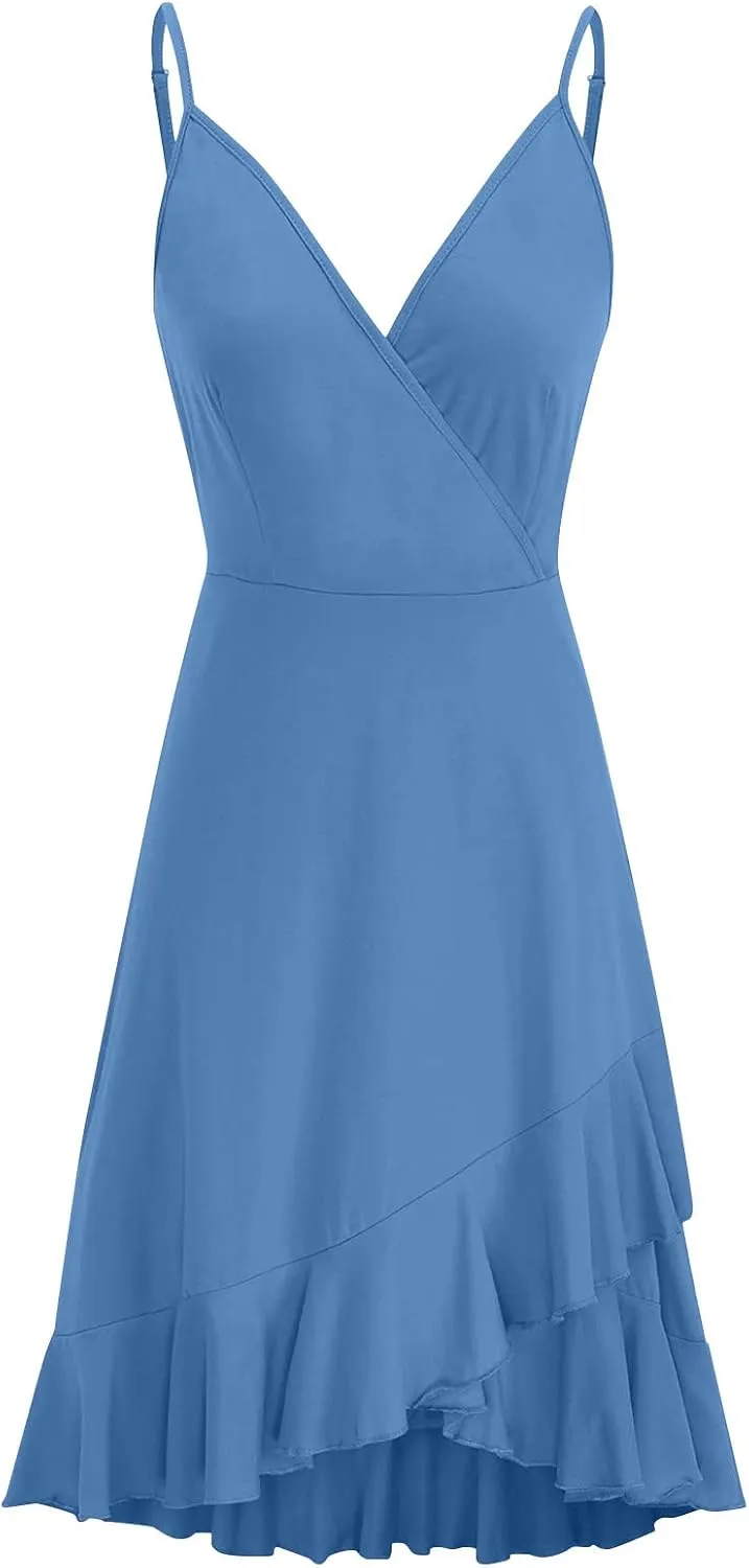 BAXLIMEK Party Dresses for Women,2025 Spring Summer Elegant V Neck Spaghetti Strap Sundress Flowy Ruched Ruffle Mini Dress