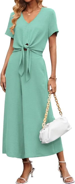 BB&KK Women's Summer 2 Piece Outfits Cap Sleeve V Neck Belted Crop Tops Cropped Wide Leg Pants Sets Casual Travel Set