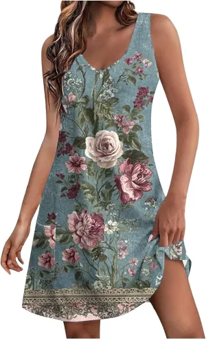 Beach Vacation Sundress for Women 2025 Summer Casual Dresses with Pockets Floral Print V Neck Loose Tank Dresses