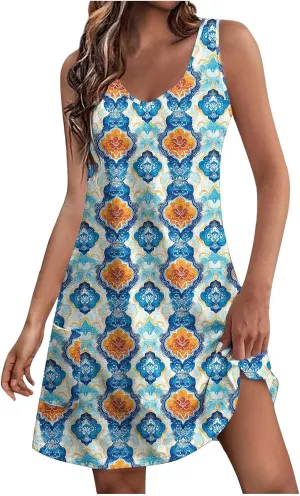 Beach Vacation Sundress for Women 2025 Summer Casual Dresses with Pockets Floral Print V Neck Loose Tank Dresses