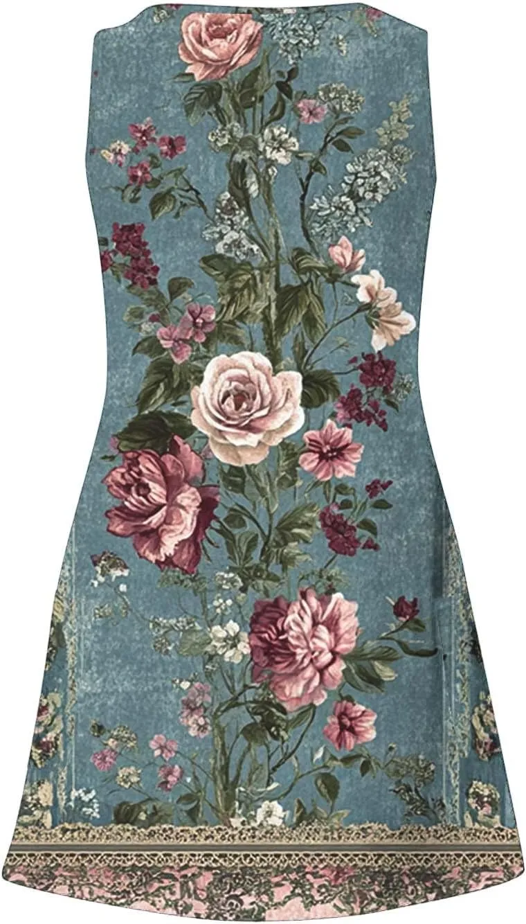 Beach Vacation Sundress for Women 2025 Summer Casual Dresses with Pockets Floral Print V Neck Loose Tank Dresses