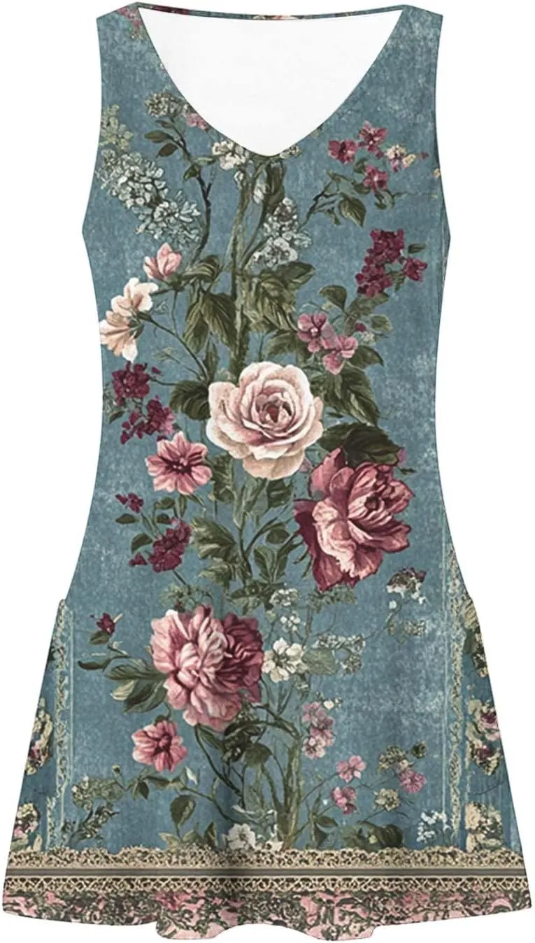 Beach Vacation Sundress for Women 2025 Summer Casual Dresses with Pockets Floral Print V Neck Loose Tank Dresses