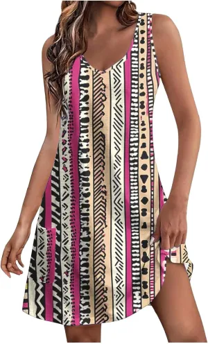 Beach Vacation Sundress for Women 2025 Summer Casual Dresses with Pockets Floral Print V Neck Loose Tank Dresses