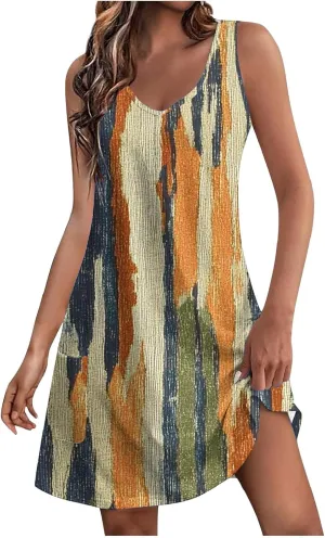 Beach Vacation Sundress for Women 2025 Summer Casual Dresses with Pockets Floral Print V Neck Loose Tank Dresses