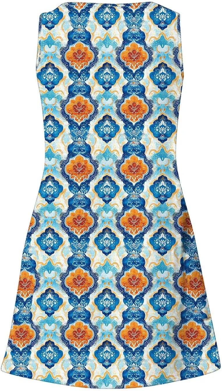 Beach Vacation Sundress for Women 2025 Summer Casual Dresses with Pockets Floral Print V Neck Loose Tank Dresses