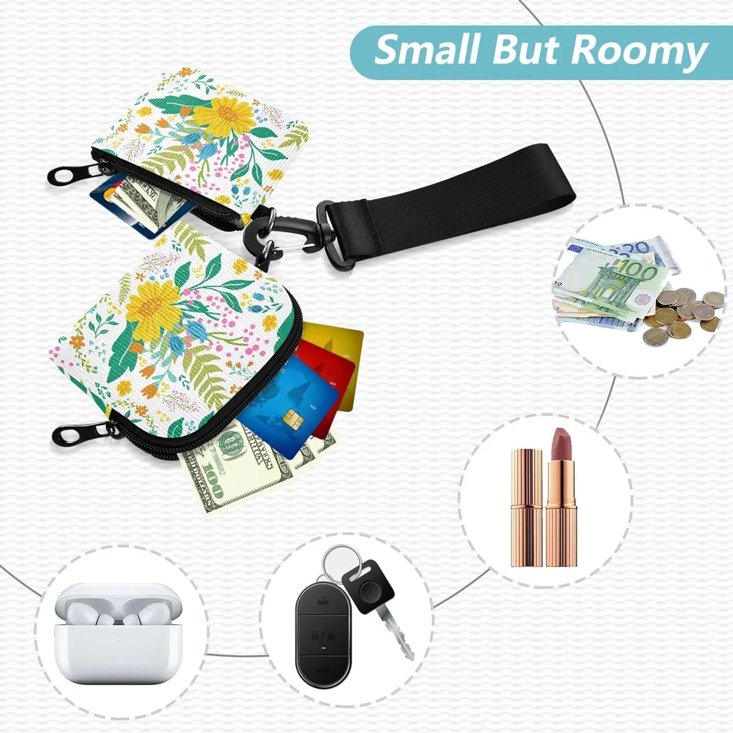 Beautiful Floral Seamless Pattern in Gentle Colors Women's Card Cases Change Holder Minimalist Zipper Wristlet Wallet with Wristle Strap for Work Travel 2 Packs