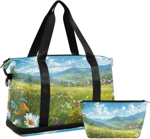 Beautiful Meadow Pattern Sports Gym Bag with Waterproof Dry Wet Pocket, Travel Duffel Bag for Women MenWorkout Bag Fits Yoga, Swimming