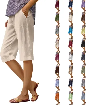 Bermuda Shorts for Women Knee Length Elastic Waist Long Wide Leg Linen Shorts Comfy Beach Capri Pants with Pockets