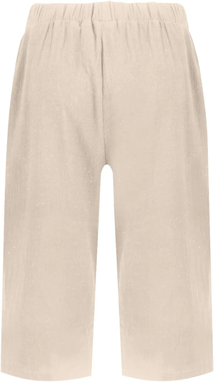 Bermuda Shorts for Women Knee Length Elastic Waist Long Wide Leg Linen Shorts Comfy Beach Capri Pants with Pockets