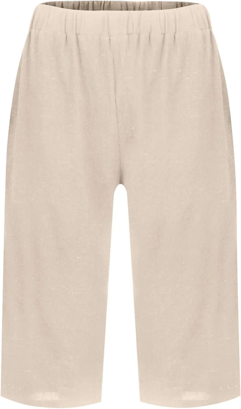 Bermuda Shorts for Women Knee Length Elastic Waist Long Wide Leg Linen Shorts Comfy Beach Capri Pants with Pockets