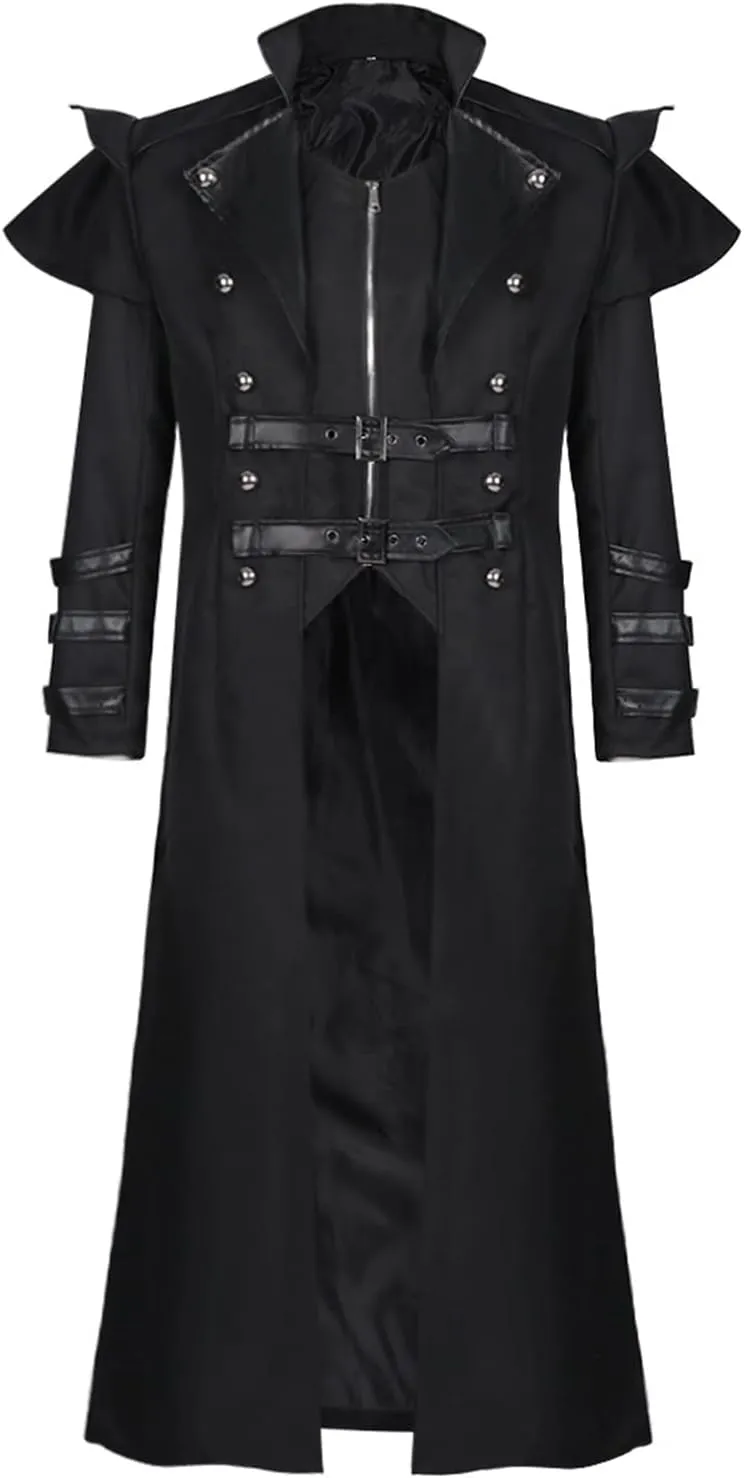 BITSEACOCO Mens Steampunk Tailcoat Costume, Medieval Gothic Long Trench Coat Victorian Double Breasted Zipper Punk Jacket