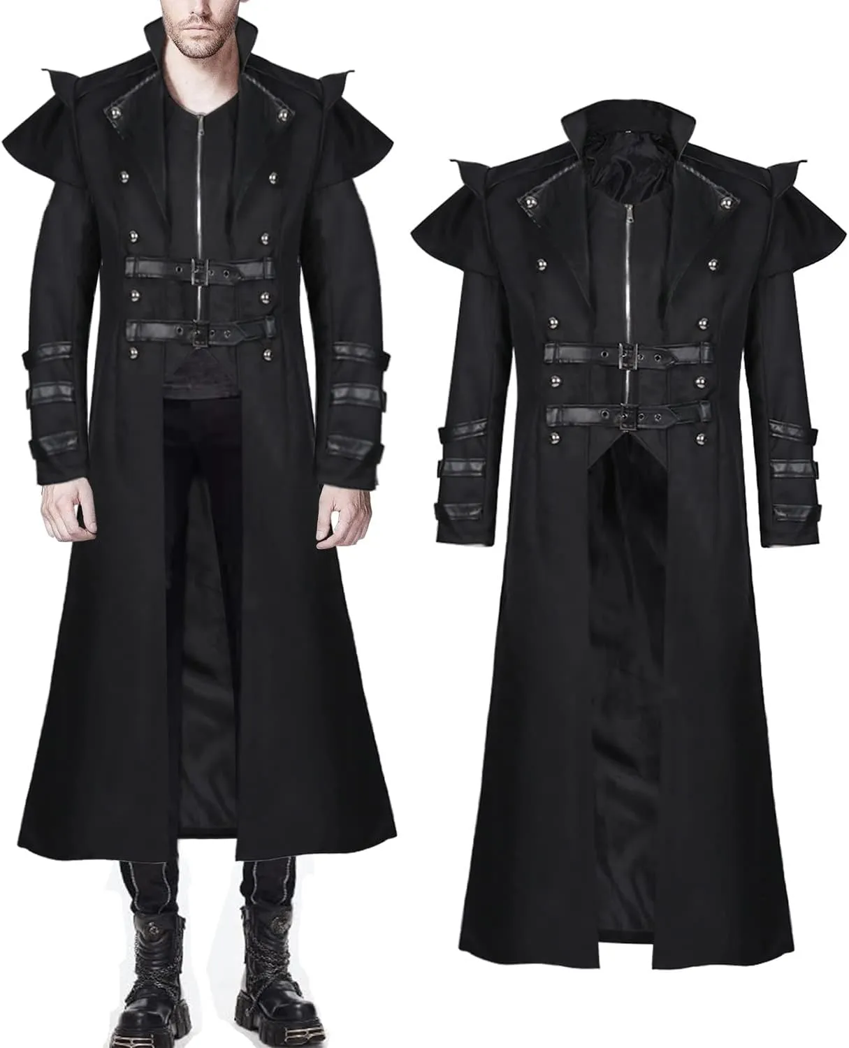 BITSEACOCO Mens Steampunk Tailcoat Costume, Medieval Gothic Long Trench Coat Victorian Double Breasted Zipper Punk Jacket