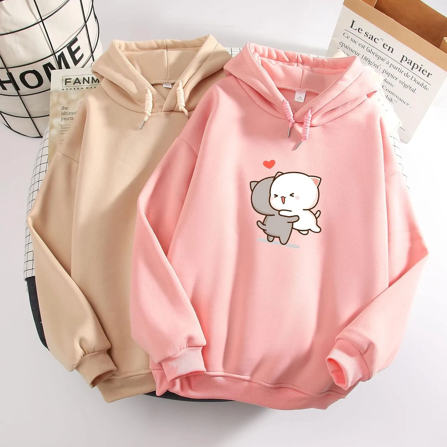 Bobeutou Cute Cartoon Cat Hoodie for Teen Girls Kawaii Graphic Oversized Aesthetic Fleece Preppy Sweatshirts Women Pullover