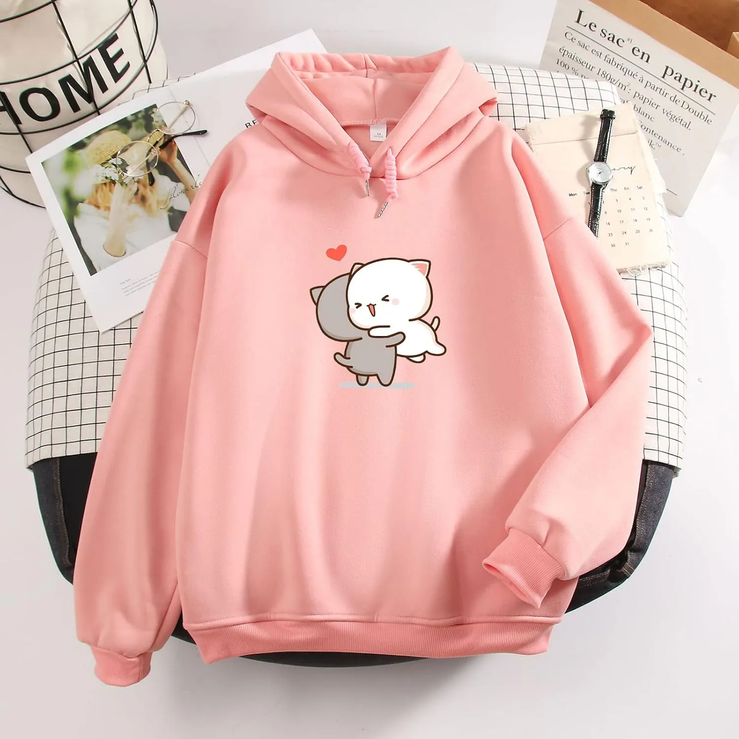 Bobeutou Cute Cartoon Cat Hoodie for Teen Girls Kawaii Graphic Oversized Aesthetic Fleece Preppy Sweatshirts Women Pullover