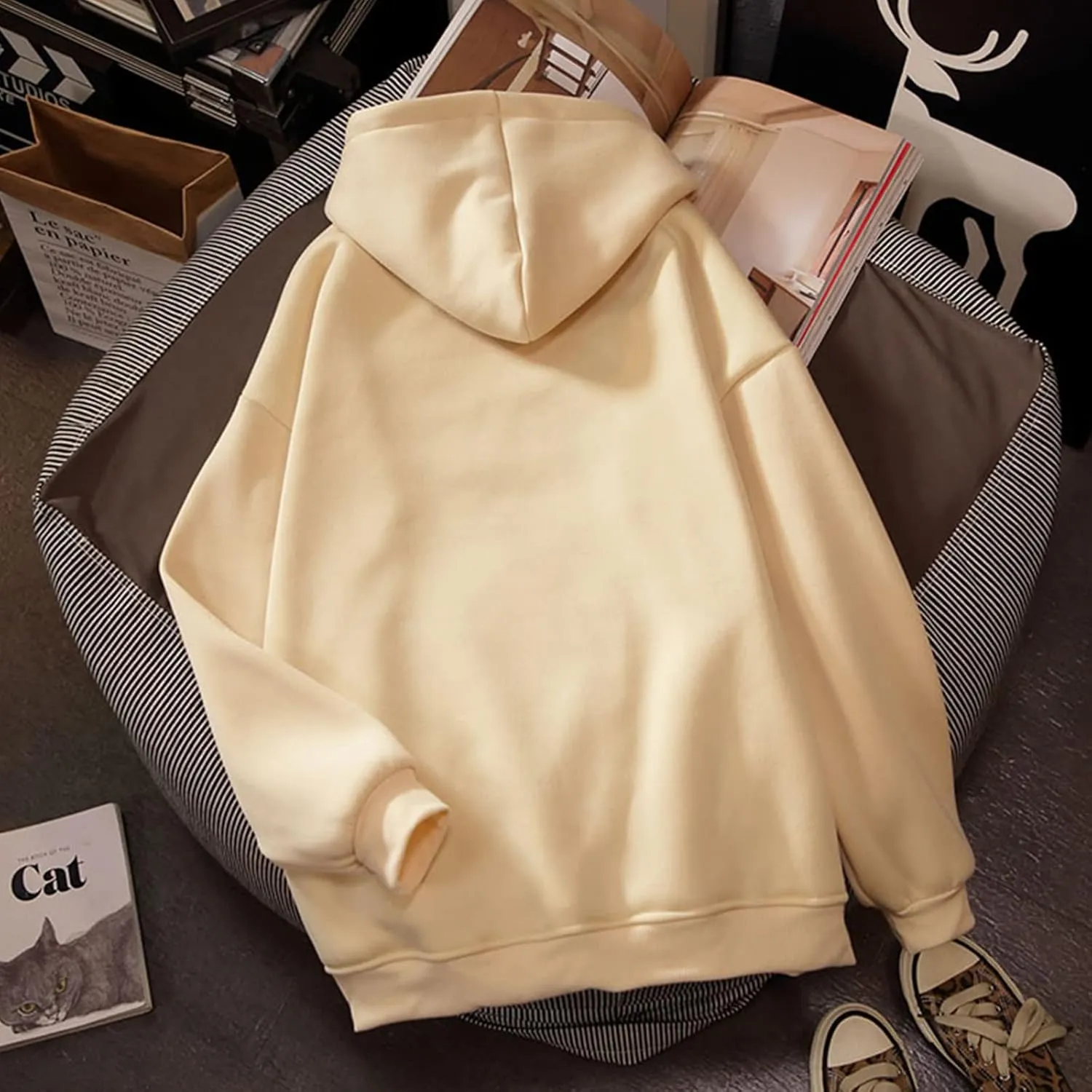 Bobeutou Cute Cartoon Cat Hoodie for Teen Girls Kawaii Graphic Oversized Aesthetic Fleece Preppy Sweatshirts Women Pullover