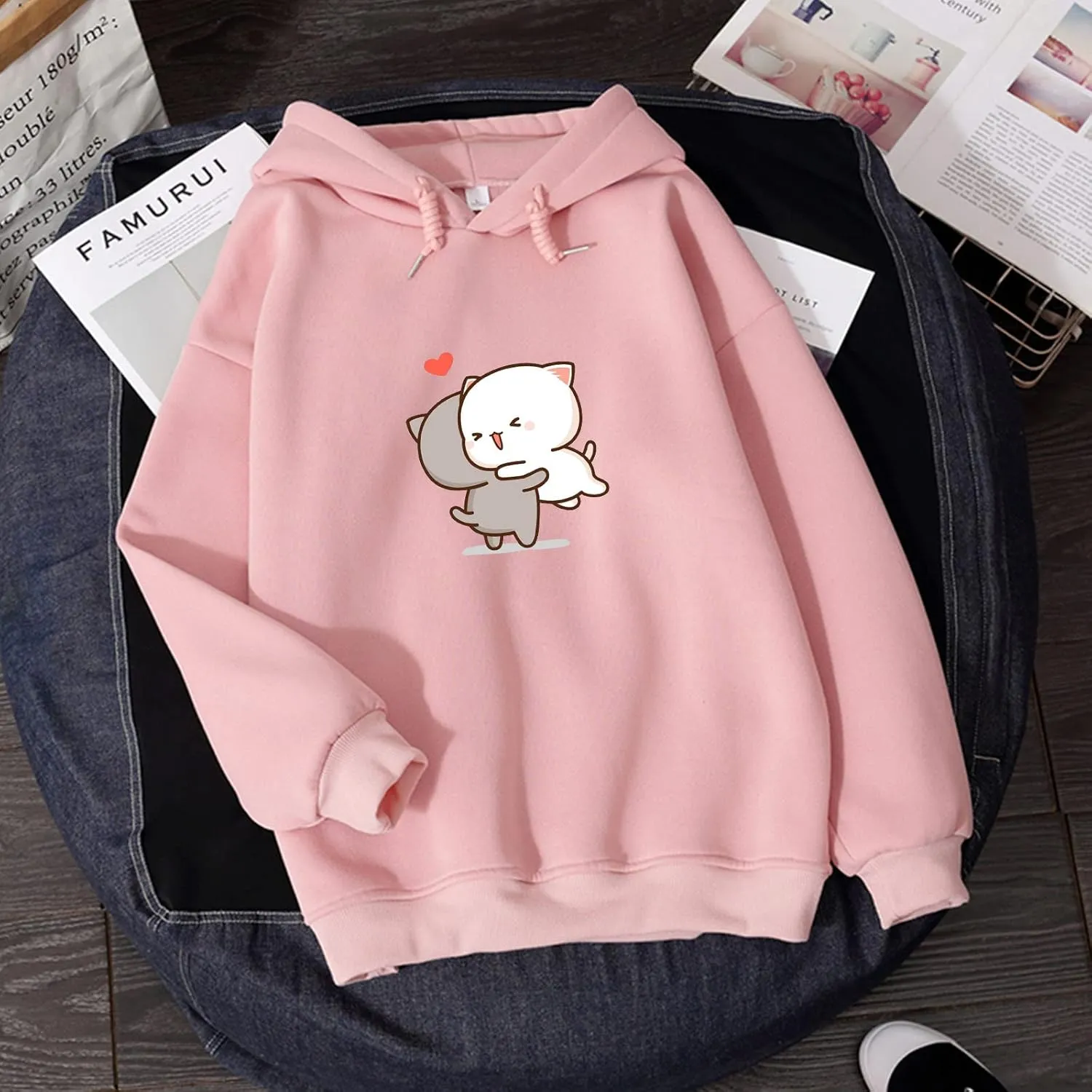 Bobeutou Cute Cartoon Cat Hoodie for Teen Girls Kawaii Graphic Oversized Aesthetic Fleece Preppy Sweatshirts Women Pullover