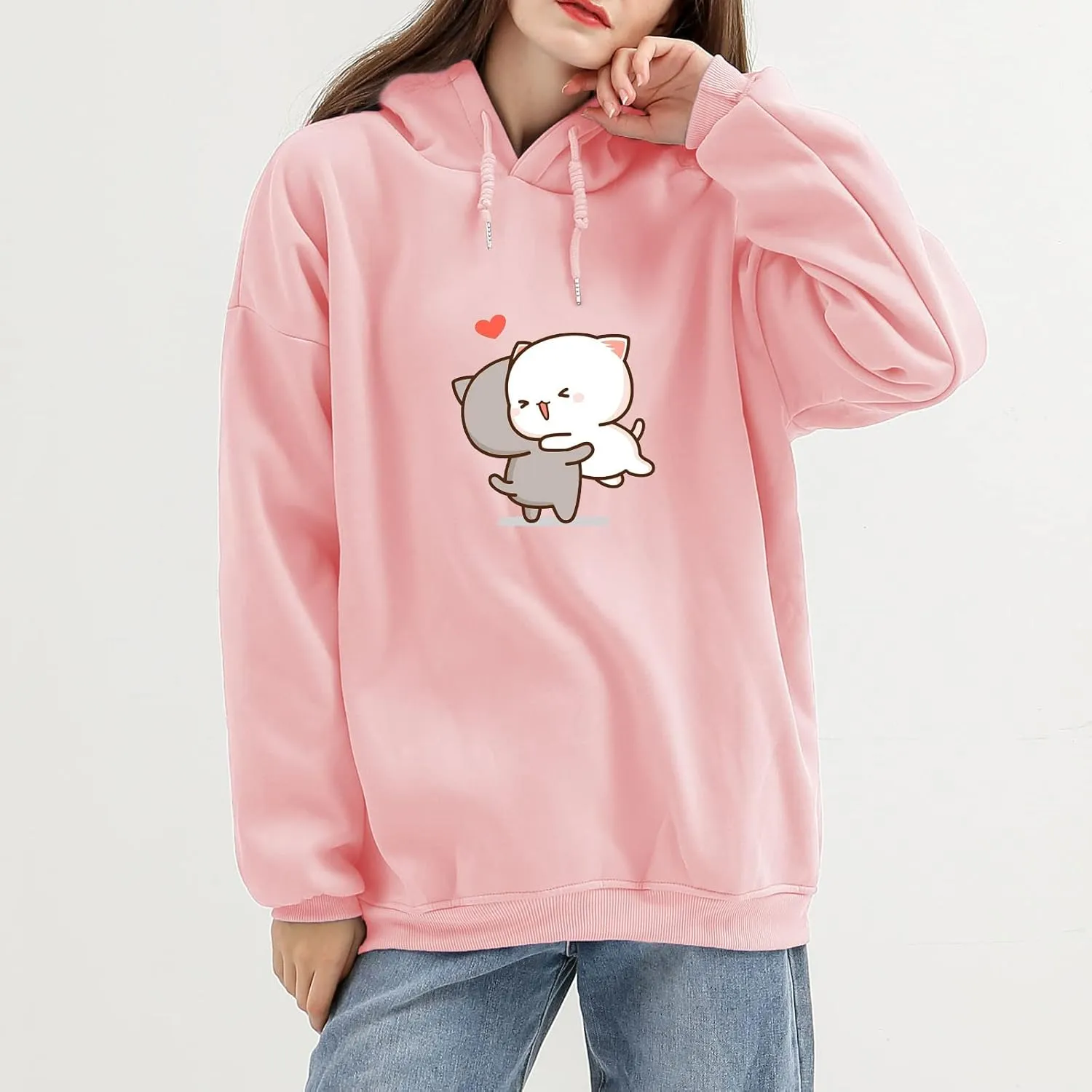 Bobeutou Cute Cartoon Cat Hoodie for Teen Girls Kawaii Graphic Oversized Aesthetic Fleece Preppy Sweatshirts Women Pullover