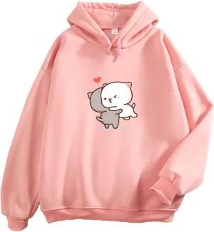 Bobeutou Cute Cartoon Cat Hoodie for Teen Girls Kawaii Graphic Oversized Aesthetic Fleece Preppy Sweatshirts Women Pullover