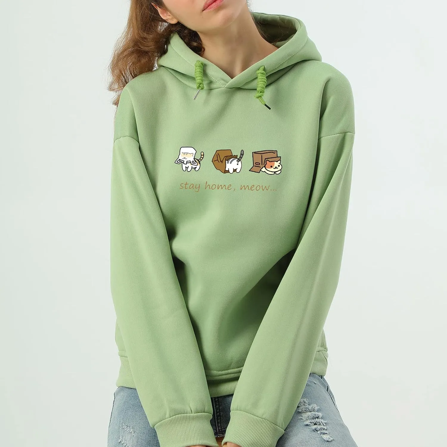 Bobeutou Women Cute Cat Print Oversized Hoodies for Teen Girls Aesthetic Kawaii Cartoon Graphic Fleece Sweatshirt for Women