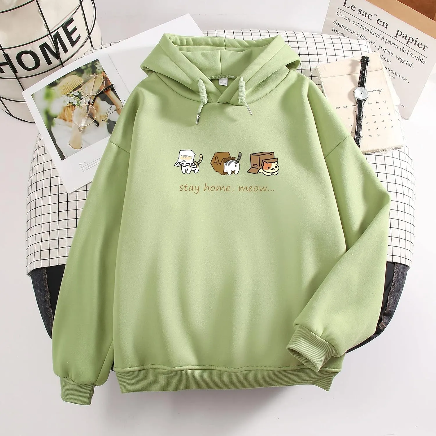 Bobeutou Women Cute Cat Print Oversized Hoodies for Teen Girls Aesthetic Kawaii Cartoon Graphic Fleece Sweatshirt for Women