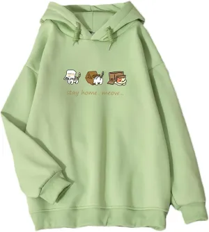 Bobeutou Women Cute Cat Print Oversized Hoodies for Teen Girls Aesthetic Kawaii Cartoon Graphic Fleece Sweatshirt for Women