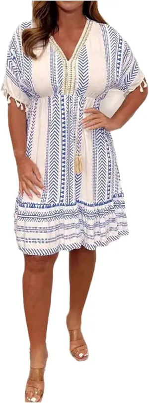 Boho Dress for Women Loose Fit Casual V Neck Tassels Short Sleeve Vintage Ethnic Style Knee Lenght Wrap Midi Dresses