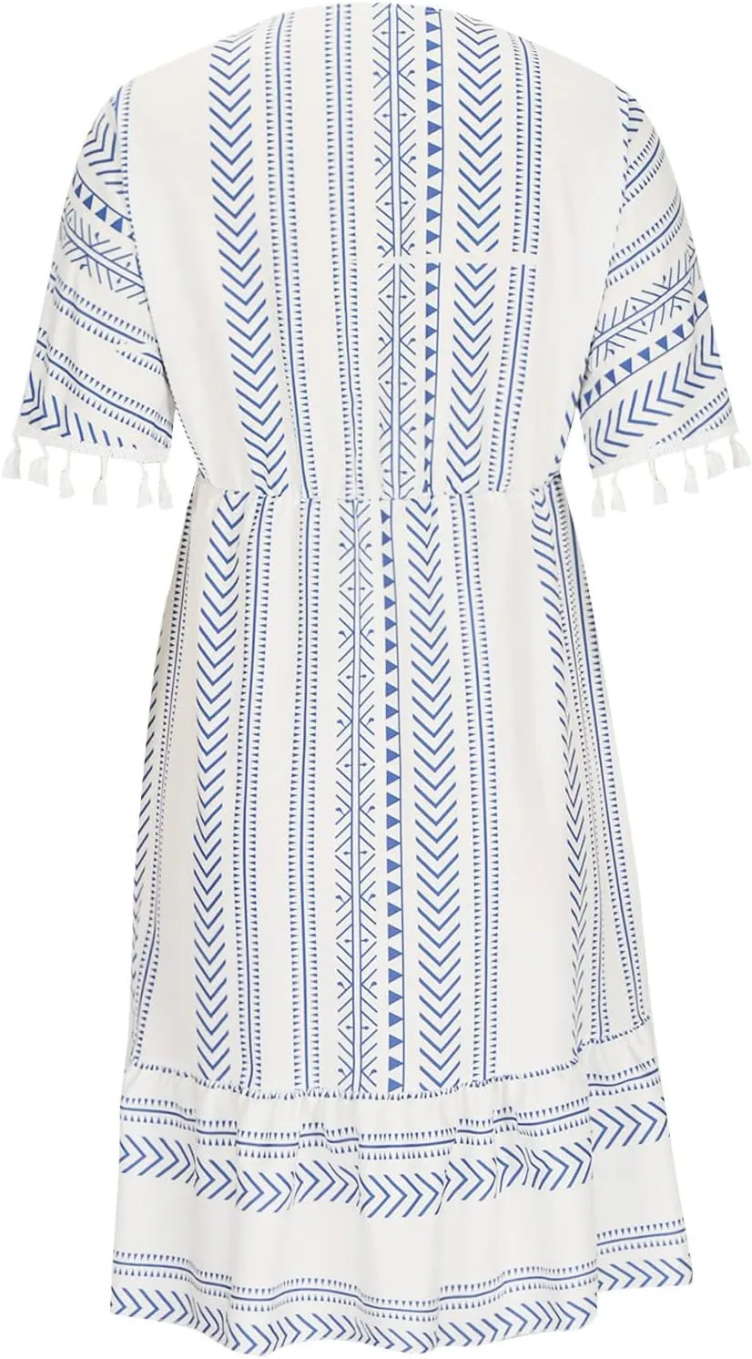Boho Dress for Women Loose Fit Casual V Neck Tassels Short Sleeve Vintage Ethnic Style Knee Lenght Wrap Midi Dresses