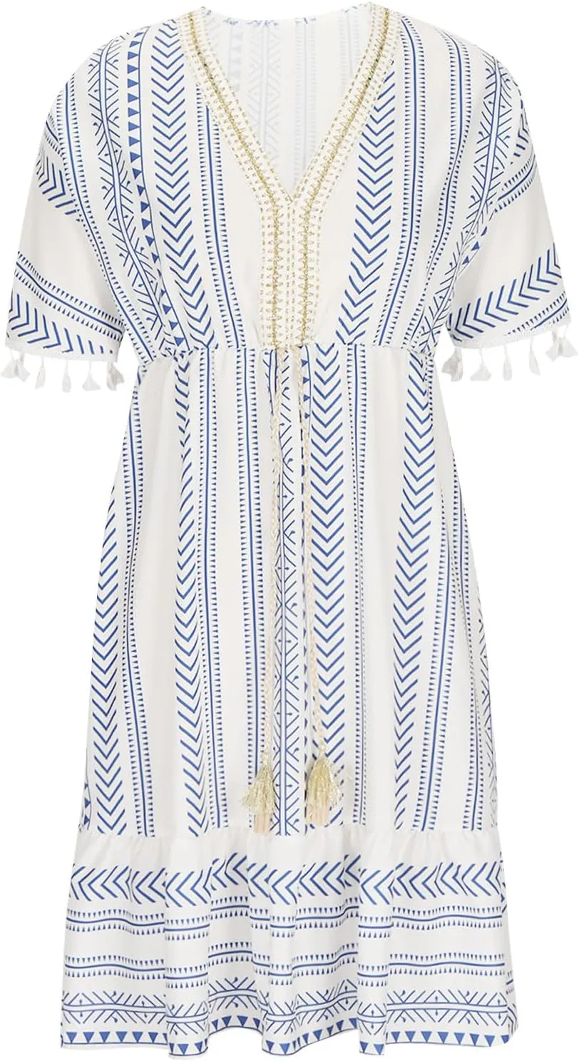Boho Dress for Women Loose Fit Casual V Neck Tassels Short Sleeve Vintage Ethnic Style Knee Lenght Wrap Midi Dresses