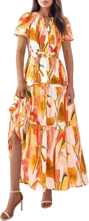 Boho Dresses for Women,2025 Summer Trendy Floral Beach Vacation Dress,Elegant V Neck Cap Sleeve Flowy Midi Dress