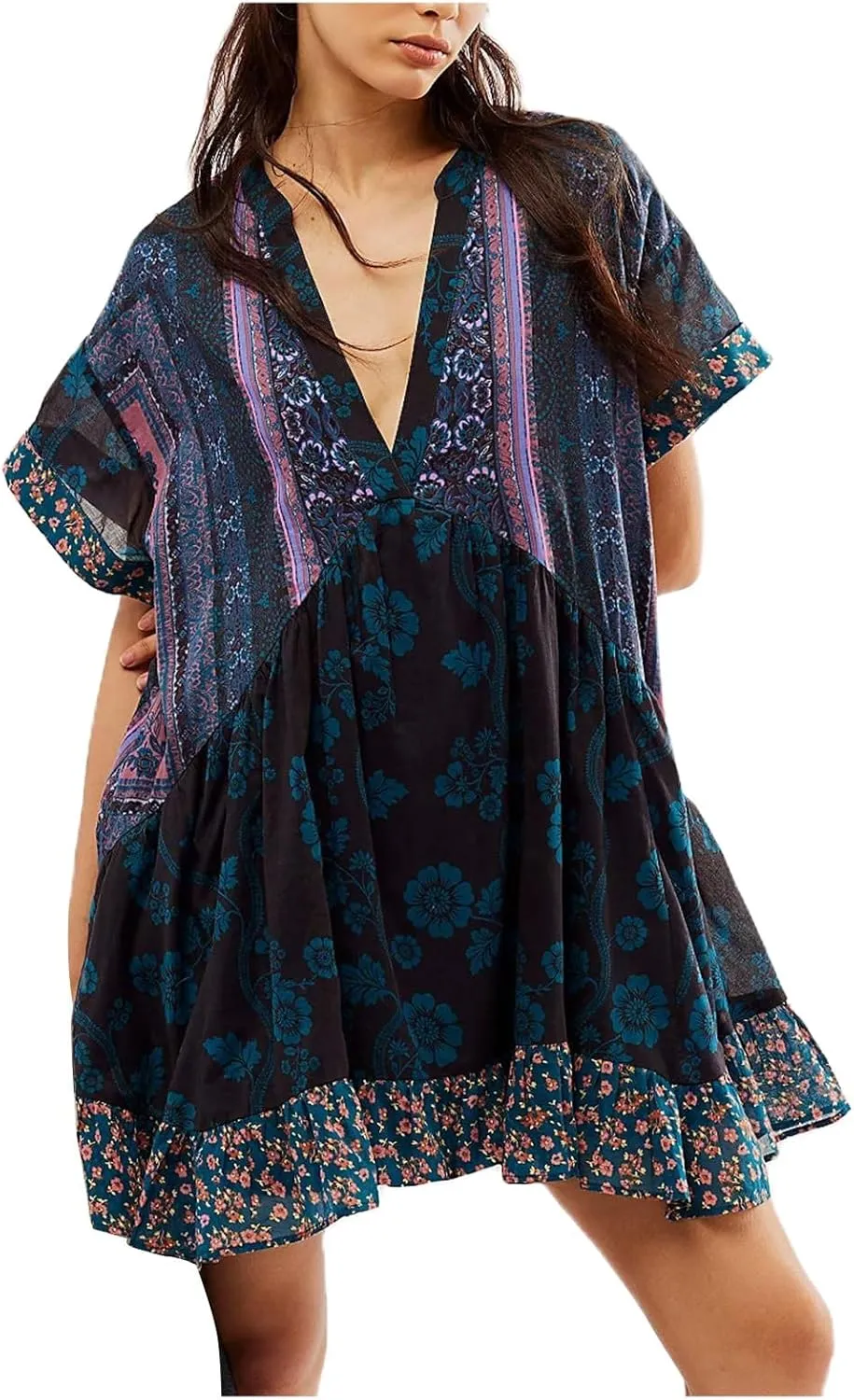 Boho Summer Dresses for Women Short Y2k Babydoll Dress Ruffle Mini Dress Deep V-Neck Casual Floral Tropical Sundress