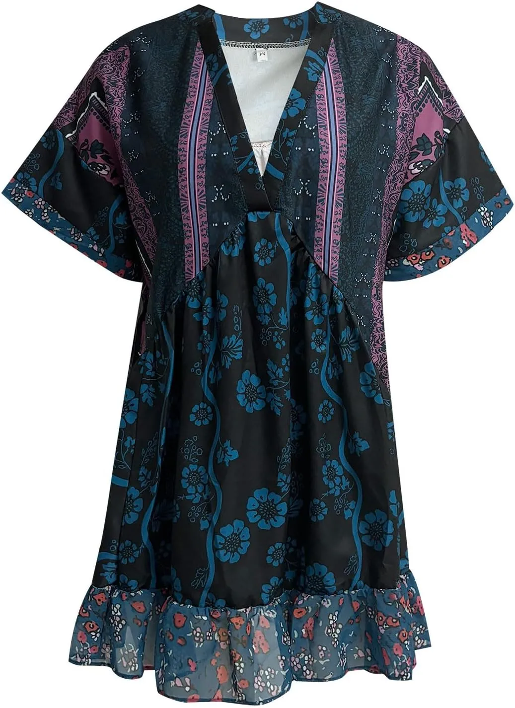 Boho Summer Dresses for Women Short Y2k Babydoll Dress Ruffle Mini Dress Deep V-Neck Casual Floral Tropical Sundress