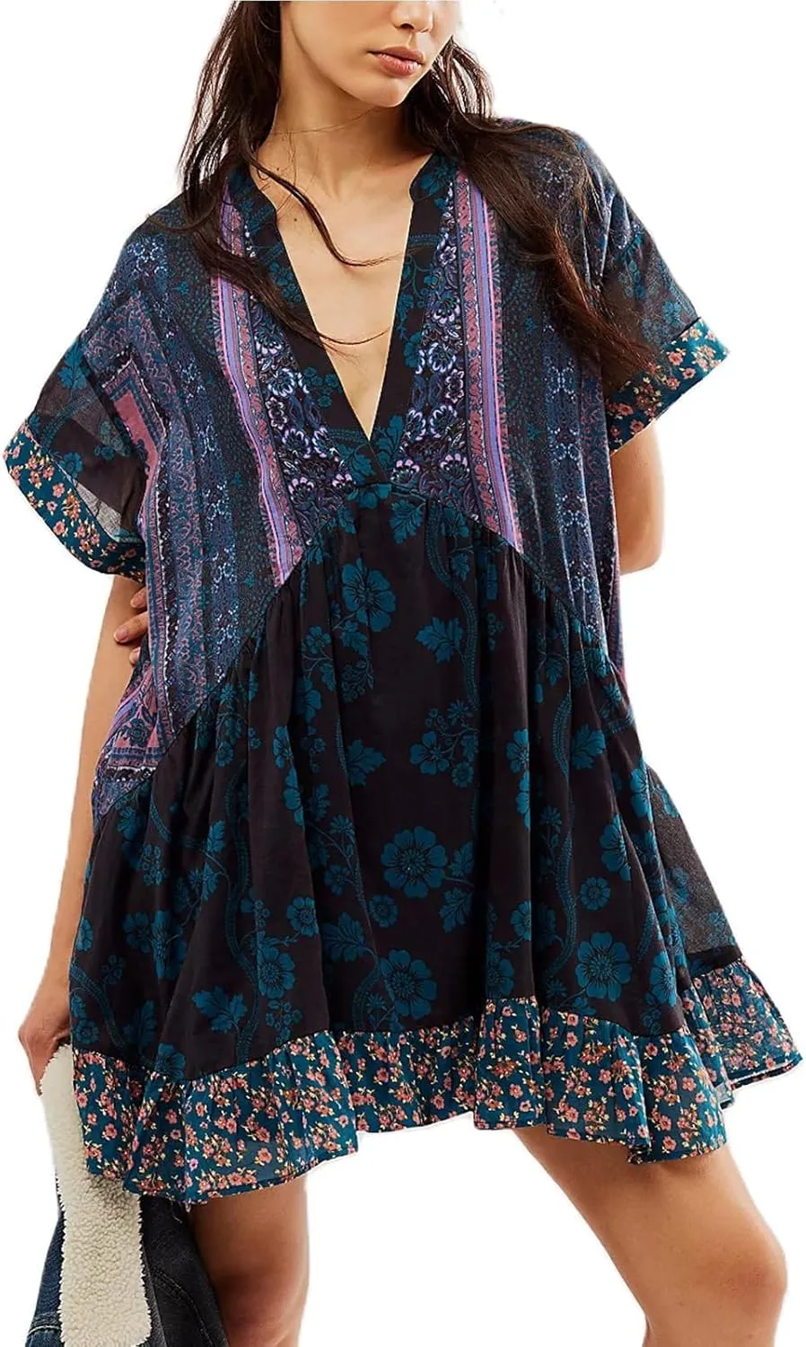 Boho Summer Dresses for Women Short Y2k Babydoll Dress Ruffle Mini Dress Deep V-Neck Casual Floral Tropical Sundress
