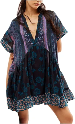 Boho Summer Dresses for Women Short Y2k Babydoll Dress Ruffle Mini Dress Deep V-Neck Casual Floral Tropical Sundress