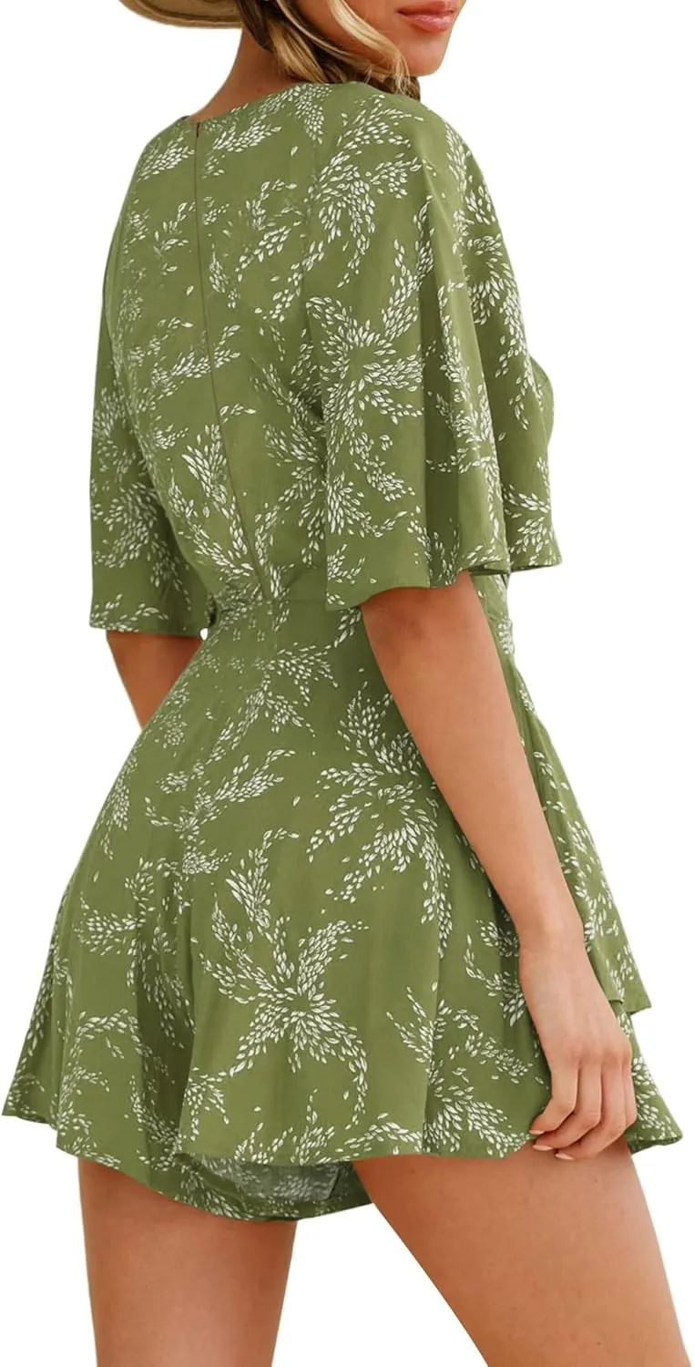 Bonkwa Women's Casual Rompers Floral Print Mid Sleeves Waist Tie Romper Ruffle Hem Deep V-Neck Short Jumpsuits for Summer