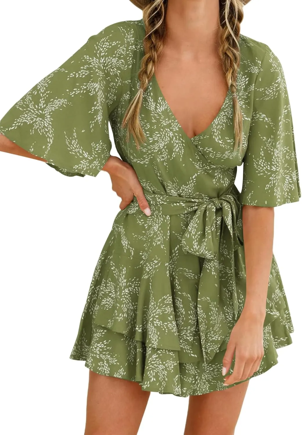 Bonkwa Women's Casual Rompers Floral Print Mid Sleeves Waist Tie Romper Ruffle Hem Deep V-Neck Short Jumpsuits for Summer