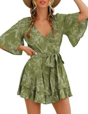 Bonkwa Women's Casual Rompers Floral Print Mid Sleeves Waist Tie Romper Ruffle Hem Deep V-Neck Short Jumpsuits for Summer