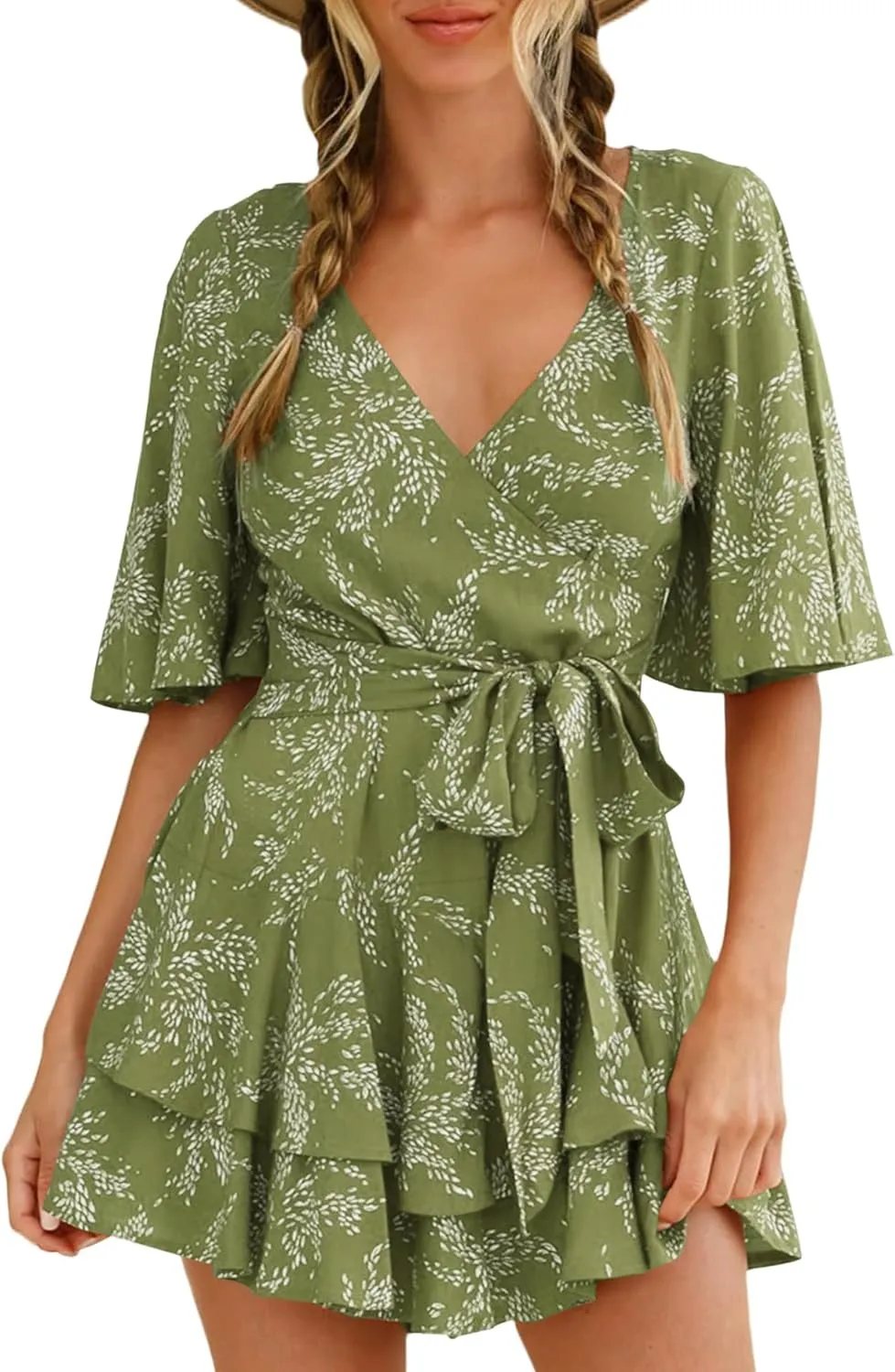 Bonkwa Women's Casual Rompers Floral Print Mid Sleeves Waist Tie Romper Ruffle Hem Deep V-Neck Short Jumpsuits for Summer