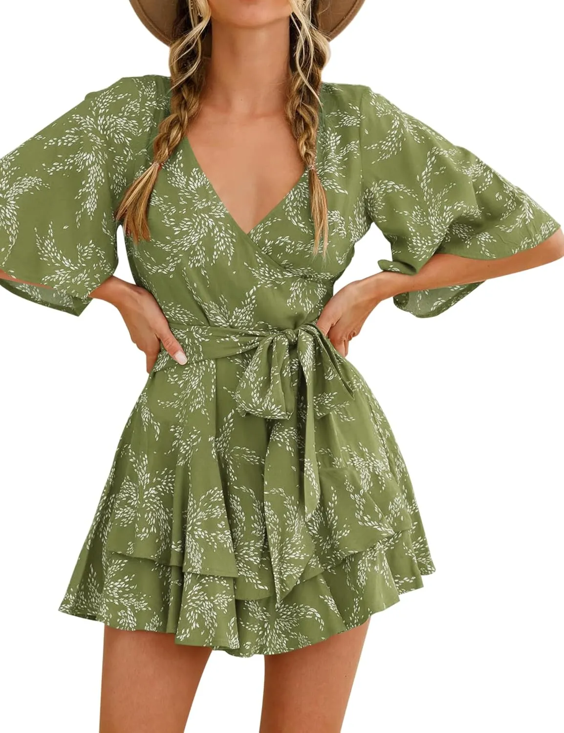Bonkwa Women's Casual Rompers Floral Print Mid Sleeves Waist Tie Romper Ruffle Hem Deep V-Neck Short Jumpsuits for Summer