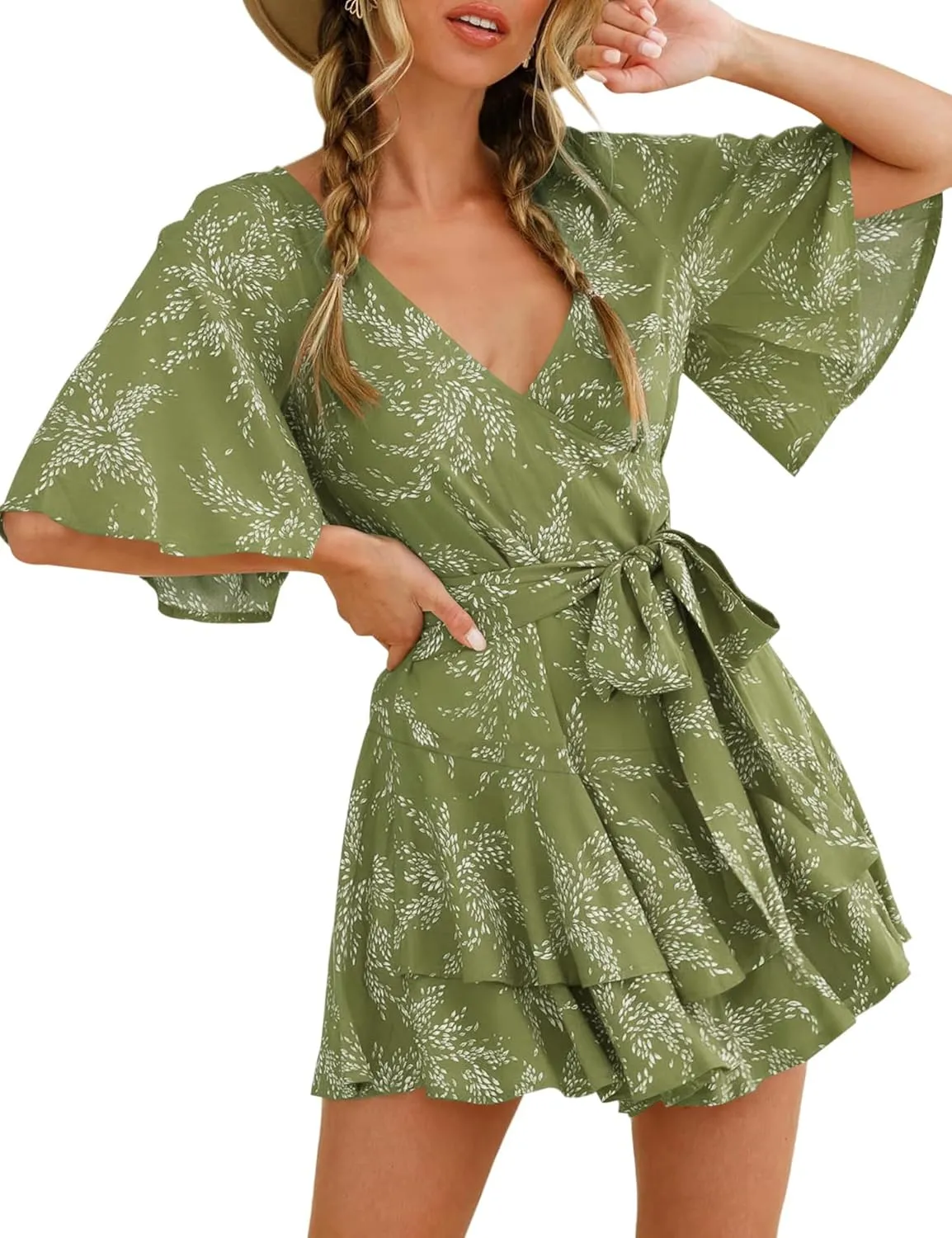 Bonkwa Women's Casual Rompers Floral Print Mid Sleeves Waist Tie Romper Ruffle Hem Deep V-Neck Short Jumpsuits for Summer