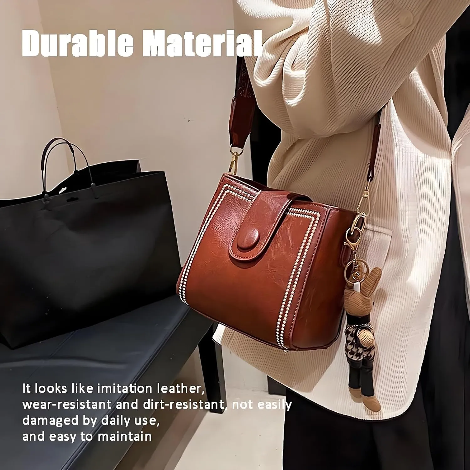 Bootara Bucket Bag, Bootara Vintage Crossbody Bag with Adjustable Shoulder Crossbody, with Cute Rabbit Pendant