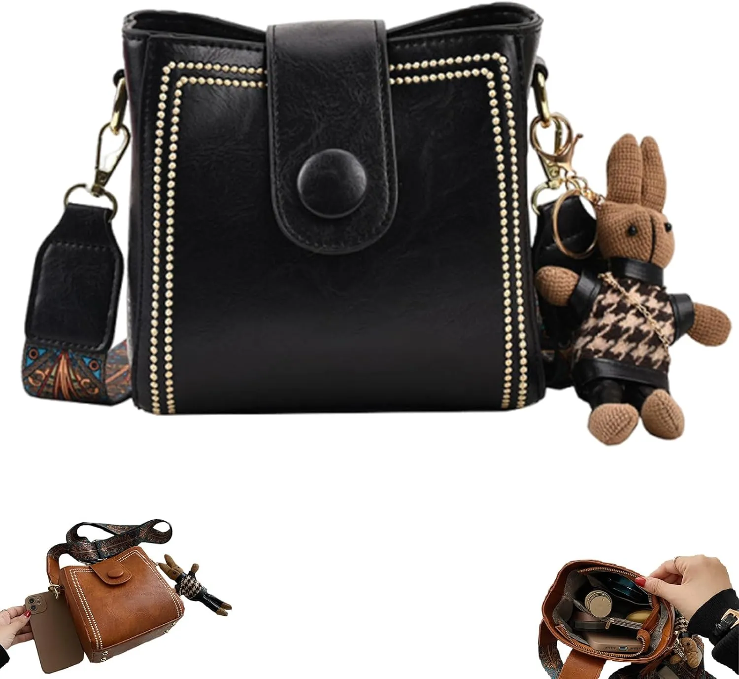 Bootara Bucket Bag, Vintage Fashion Bag with Adjustable Wider Shoulder Strap, Bootara Vintage Bunny Charm Bucket Handbag